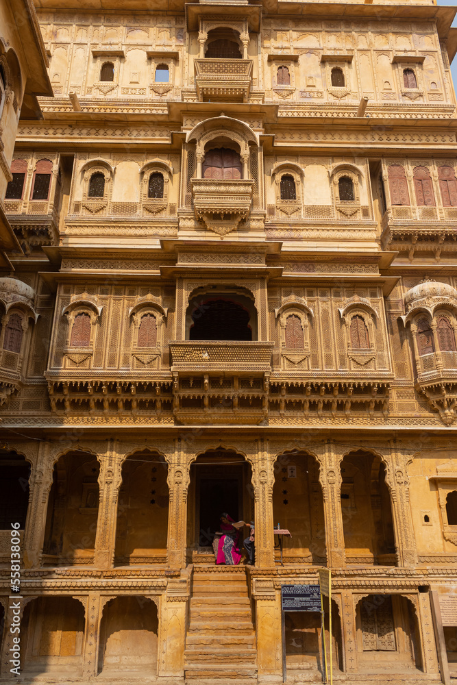 The Beautiful Architecture of Patwon Ki Haveli, Golden Marble Monument, Jaisalmer, Rajasthan, India.