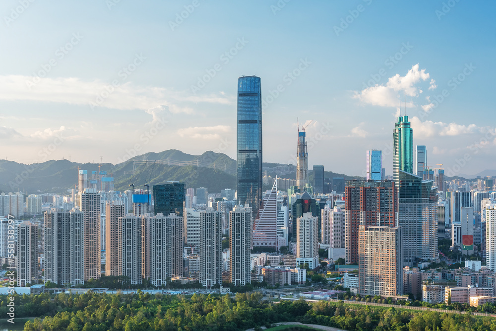 Skyline of downtwon district of Shenzhen city, China. Viewed from Hong Kong border
