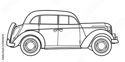 Classic retro car of 50s, 60s. Side view. Outline doodle vector illustration. Automotive concept in vintage sketch style photo