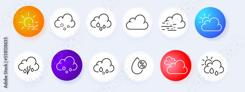 Weather set icon. Cloud, sun, rain, hail, thunderstorm, snow, frost, wind, hurricane, moon, rainbow, winter. Sky concept. Neomorphism style. Vector line icon for Business