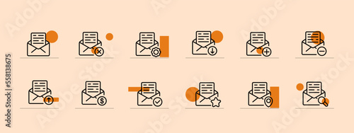 Letter icon set. Envelope, mail, stamp, email, mailbox, sms, message, blacklist. Communication concept. Pastel color background. Vector line icon for business