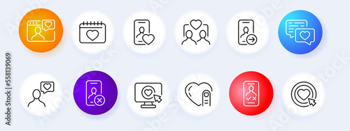 Communication set icon. Dating site, phone, networking, swipe, like, dislike, dating, sms. feedback concept. Neomorphism style. Vector line icon for Business
