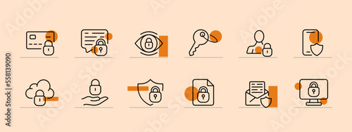 Lock for personal data icon set. Phone password, database protection, sync, phone, unlock Privacy concept. Pastel color background. Vector line icon for business