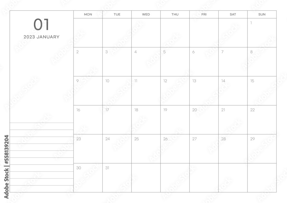 January 2023 simple design digital and printable calendar template illustration. Notes, scheduler, diary, calendar, memo, planner document template background. January 2023 simple design digital and printable calendar template illustration. Notes, scheduler, diary, calendar, memo, planner document template background.