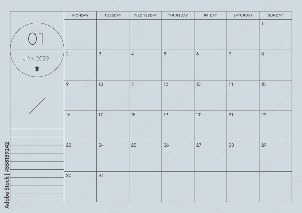 January 2023 simple design digital and printable calendar template illustration. Notes, scheduler, diary, calendar, memo, planner document template background. January 2023 simple design digital and printable calendar template illustration. Notes, scheduler, diary, calendar, memo, planner document template background.