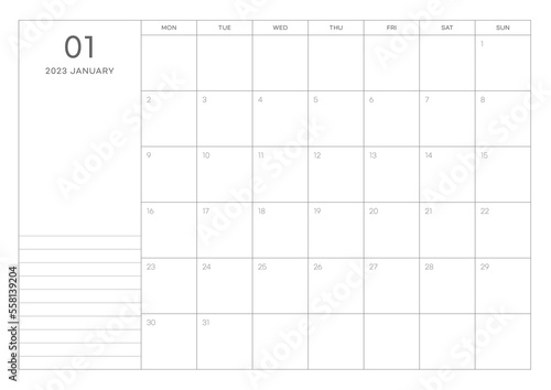 January 2023 simple design digital and printable calendar template illustration. Notes, scheduler, diary, calendar, memo, planner document template background. © Tuesday04