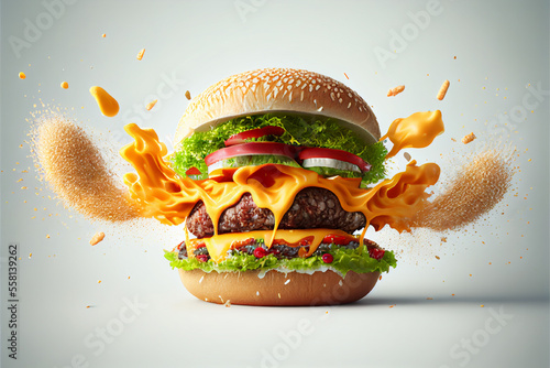 Spicy Beef Cheese Burger in High resolution | Beef burger with an explosion of spices and cheese | White background | Halal Burger | Fast Food | Ai Generated | Photorealism | 3d image