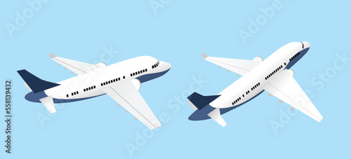 Airplanes isolated above view set flat vector. Two flying airplanes view from side and behind. © Alix