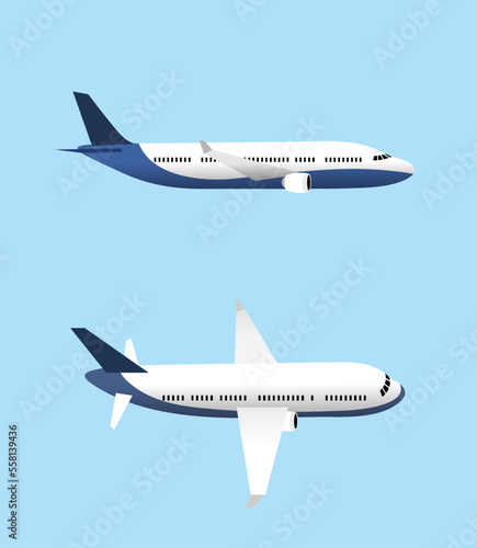 Airplane set flat vector isolated side view. Two airplanes flying.