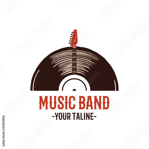 Music band logo template with guitar and vynil plate. Disco 80s emblem badge design. Stock vector retro label isolated on white background