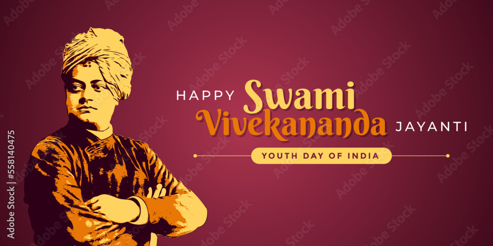 A poster layout template of Happy Swami Vivekananda Jayanti. A celebration of Youth Day of India typography with graphic mnemonic, illustration, celebrate, unit, logo, graphic drawing, outline sketch  - obrazy, fototapety, plakaty 
