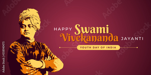 A poster layout template of Happy Swami Vivekananda Jayanti. A celebration of Youth Day of India typography with graphic mnemonic, illustration, celebrate, unit, logo, graphic drawing, outline sketch 