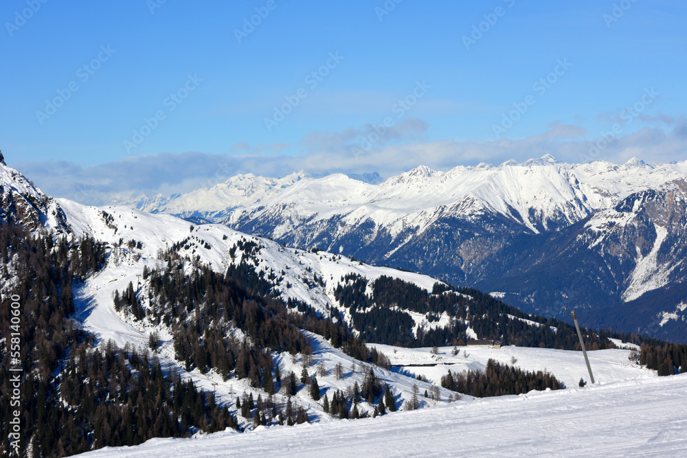 Winter landscape at early morning in ski resort Nassfeld, Austria. Europe.