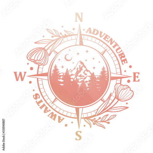 Compass Rose Flower with Vintage Travel Design. Adventure Awaits Floral Frame Ornament Vector Style. Decoration Design Wreath Illustration.
