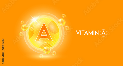 Vitamin A and bubble atom molecule collagen serum chemical formula shield protection skin. Skincare anti age nutrition supplement multivitamin complex. On orange background. 3D vector.