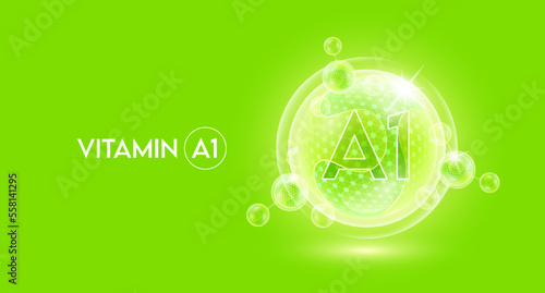 Vitamin A1 and bubble atom molecule collagen serum chemical formula shield protection skin. Skincare anti age nutrition supplement multivitamin complex. On green background. 3D vector.