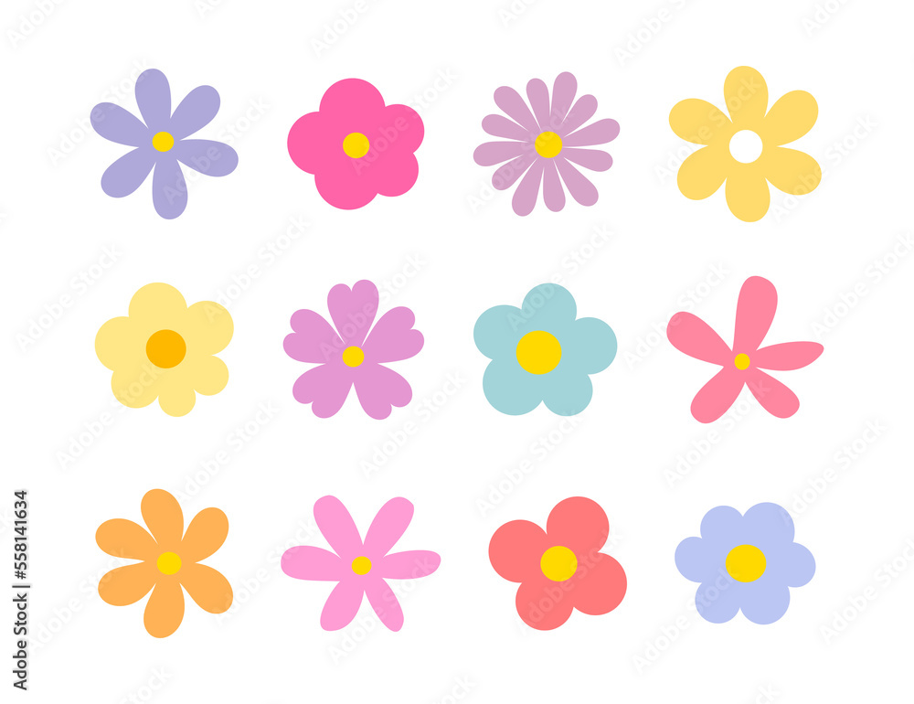 Cute flowers icons set illustration.