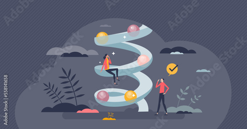 Data science pipeline with file and information flow tiny person concept. Digital management system with database automation and movement vector illustration. Computing traffic stream and analysis.
