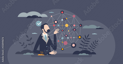 Knowledge graph with logic reason connections and tiny person concept. Businessman thinking visualization as connected dots network vector illustration. Smart intelligence with education and cognition