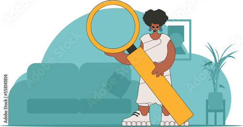 Concept Finding the necessary information on the Internet. A man holds a magnifying glass in his hands. Linear retro style character.