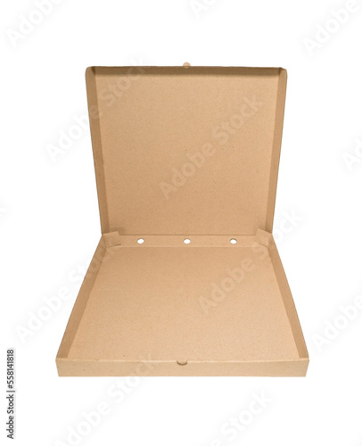 Blank brown open cardboard Pizza paper box isolated on white background. Packaging template mockup.