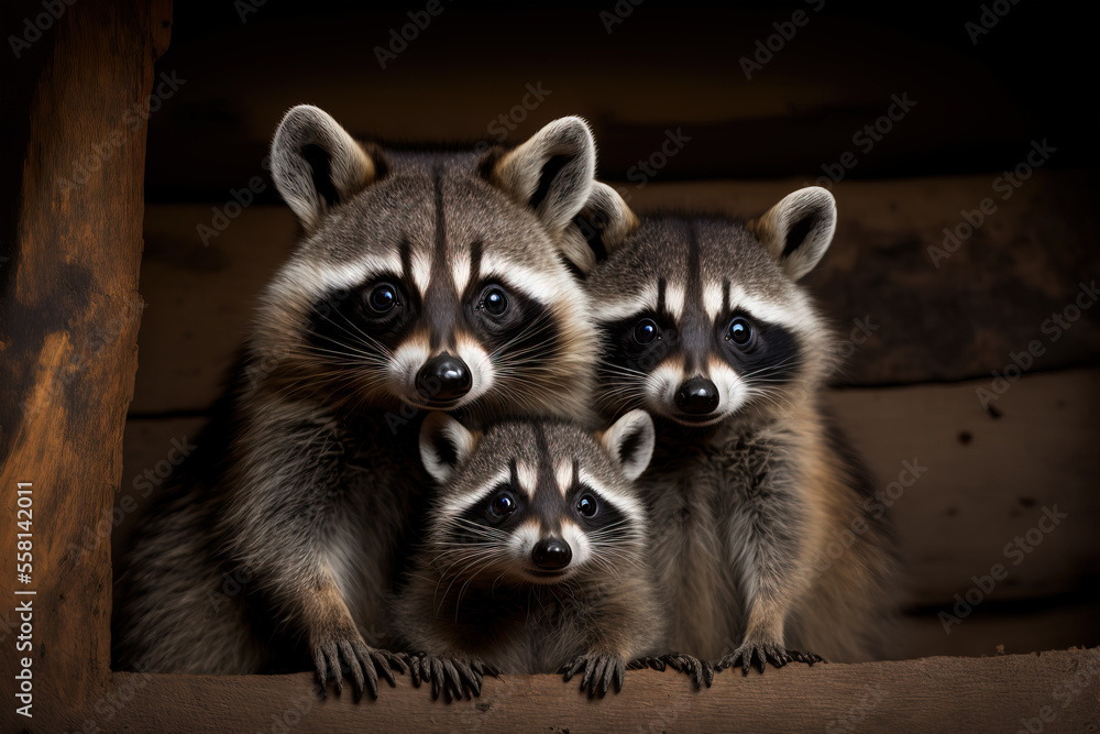 Three young raccoons lock at camera. Digital artwork	
