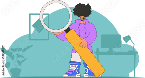Concept Finding the necessary information on the Internet. The man is holding a magnifying glass. Retro style character.