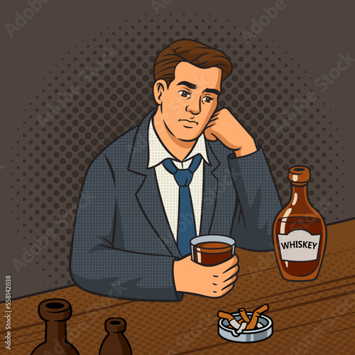 lonely sad man drinking whiskey in bar pinup pop art retro vector illustration. Comic book style imitation.