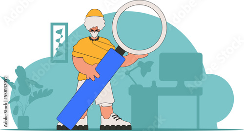 Concept Finding the necessary information on the Internet. The man is holding a magnifying glass. Linear retro style character.