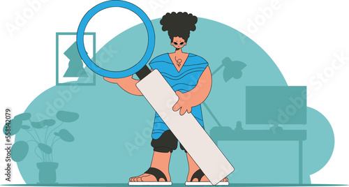Concept Finding the necessary information on the Internet. A man holds a magnifying glass in his hands. Retro style character.