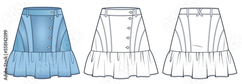 Denim Skirt technical fashion illustration, blue design. Jeans Skirt fashion flat technical drawing template, ruffled, mini lengths, button up, front and back view, white, CAD mockup set.