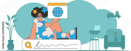 Concept Finding the necessary information on the Internet. The girl sits on the search line and holds a browser window in her hands. Linear retro style character.