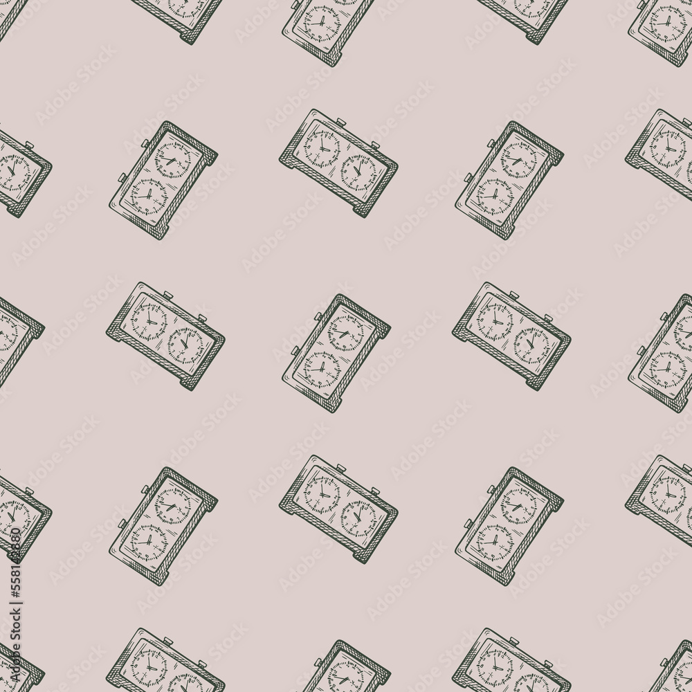 Chess clock engraved seamless pattern. Retro watch for chess game in hand drawn style. Sketch texture for fabric, wallpaper, textile, print, title, wrapping paper. Vector illustration. Chess clock engraved seamless pattern. Retro watch for chess game in hand drawn style. Sketch texture for fabric, wallpaper, textile, print, title, wrapping paper. Vector illustration.