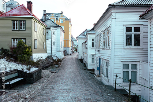 Bergen Scandinavian Architecture. Traditional decorated residential houses in the old part of Bergen. Vestland, Norway.  © Curioso.Photography