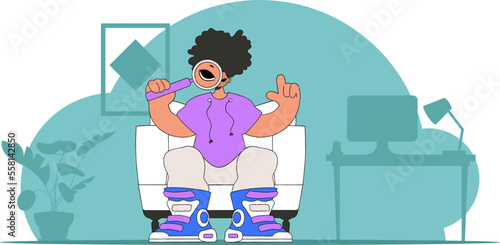 Concept Finding the necessary information on the Internet. A man holds a magnifying glass in his hands. Retro style character.