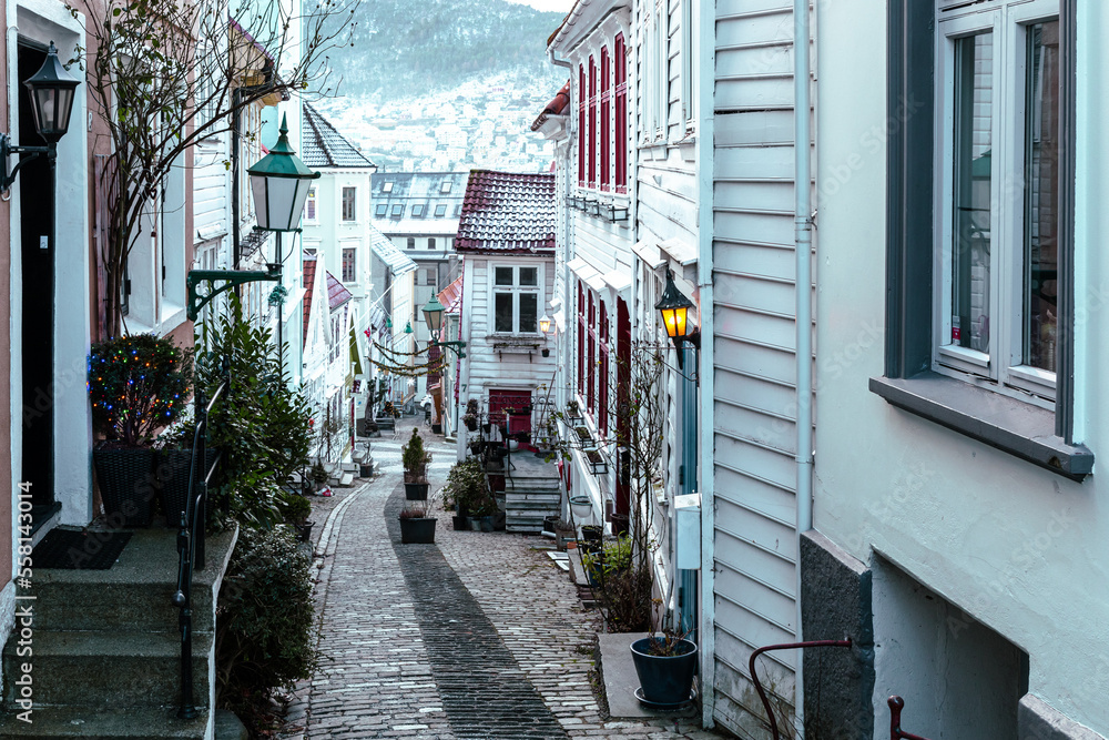 Bergen Scandinavian Architecture. Traditional decorated residential houses in the old part of Bergen. Vestland, Norway. 