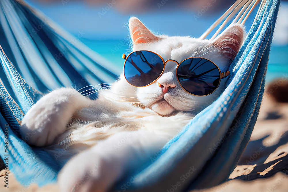 Portrait of an adorable lazy cat in sunglasses laying in a hammock on an ocean beach enjoying a holiday made with Generative AI. Holiday travel agency advertisement poster concept