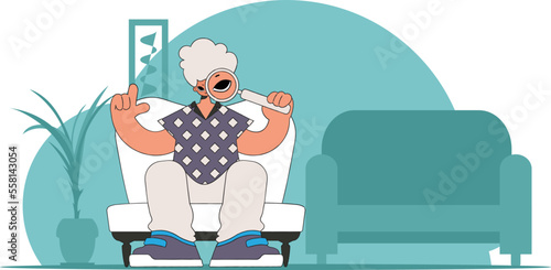 Concept Finding the necessary information on the Internet. The guy is holding a magnifying glass. Linear retro style character.