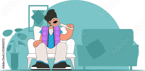 Concept Finding the necessary information on the Internet. The guy is holding a magnifying glass. Retro style character.