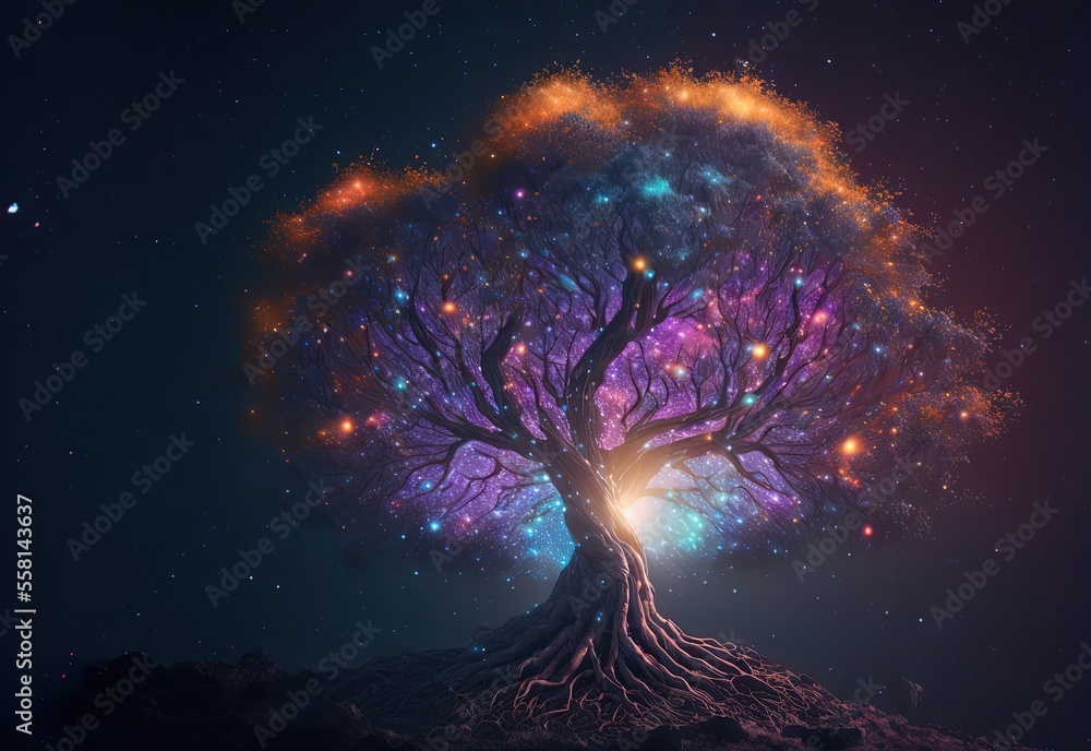 divine tree with glitter glow light, tree of the universe, tree of life