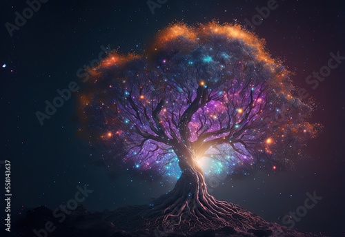 Valokuva divine tree with glitter glow light, tree of the universe, tree of life