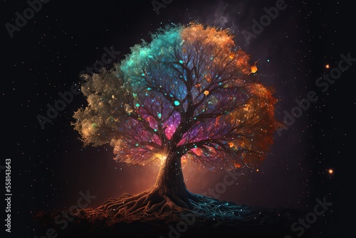 divine tree with glitter glow light, tree of the universe, tree of life 