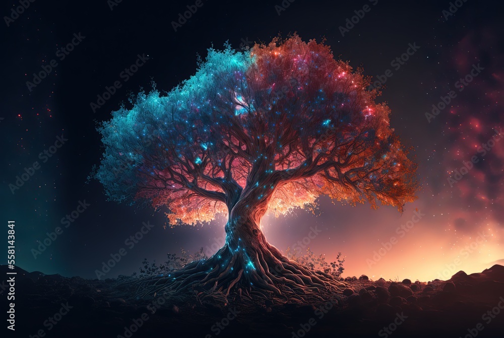divine tree with glitter glow light, tree of the universe, tree of life,  Generative Ai Stock-Illustration