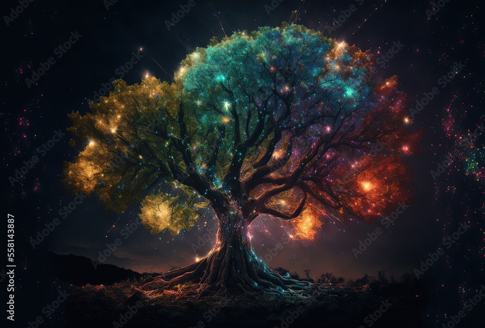 Obraz premium divine tree with glitter glow light, tree of the universe, tree of life 