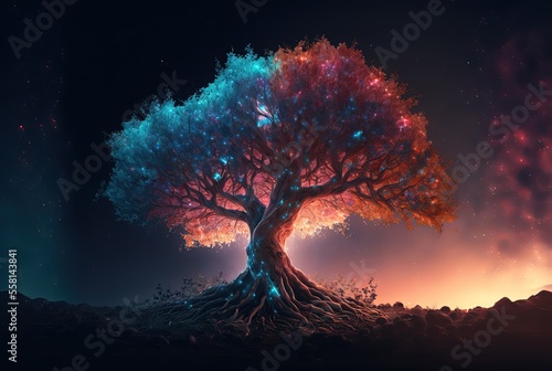 Slika na platnu divine tree with glitter glow light, tree of the universe, tree of life, Generat