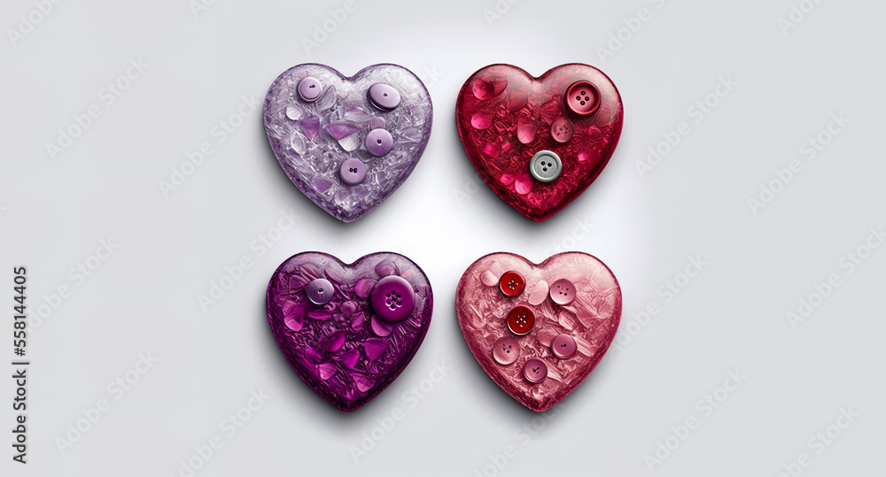 Fototapeta premium Valentine´s day, copy space, space for your text, cute glass hearts with structures, beautiful hearts collections, illustration, generated art