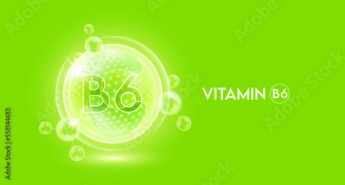 Vitamin B6 and bubble atom molecule collagen serum chemical formula shield protection skin. Skincare anti age nutrition supplement multivitamin complex. On green background. 3D vector.