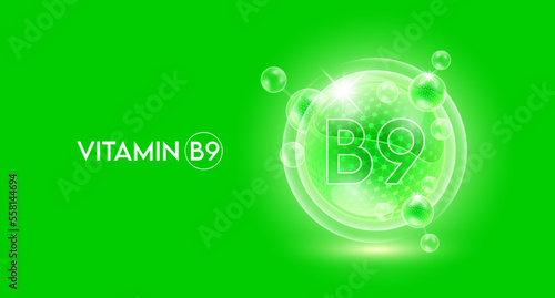 Vitamin B9 and bubble atom molecule collagen serum chemical formula shield protection skin. Skincare anti age nutrition supplement multivitamin complex. On green background. 3D vector.