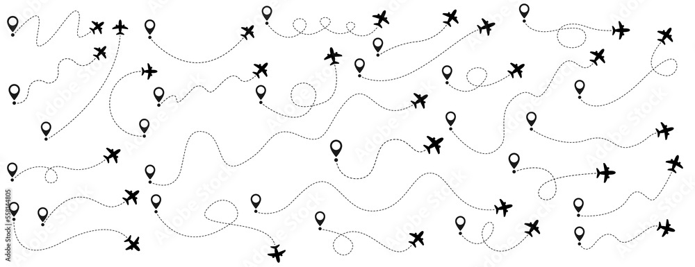 Plane with track set icon vector illustration. Plane route. Airplane path flat style vector icon