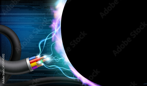 Electrical wires with discharge and background for text. vector illustration